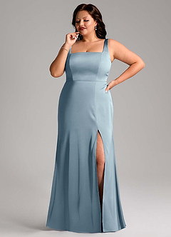 Azazie Frostine Bridesmaid Dresses Dusty Blue A-Line Bow Stretch Satin Dress image8