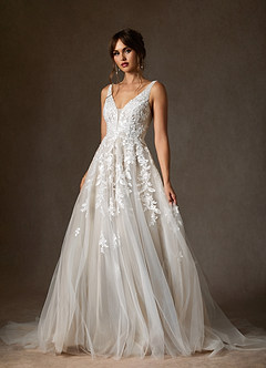Azazie Sorella Wedding Dresses Diamond White A-Line V-Neck Sequins Tulle Dress image7
