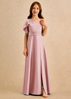 Azazie Jazzy Girls Formal Abiti da Ragazza di Fiori Abito A-Line in Raso Elasticizzato Monospalla Rosa Cipria image4