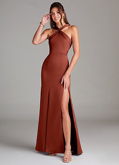 Azazie Rue Bridesmaid Dresses Terracotta A-Line Pleated Stretch Satin Dress image1