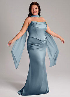 Azazie Sorrel Bridesmaid Dresses Dusty Blue Mermaid Strapless Stretch Satin Convertible Dress image9