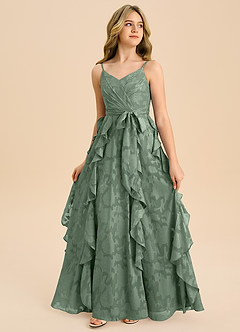 Azazie Peyton Junior Matcha A-Line Pleated Floral Burnout Dress image4