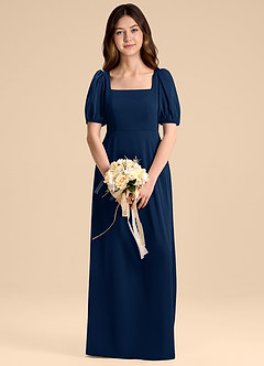 Azazie Briar Junior Dark Navy A-Line Bow Stretch Satin Dress image1