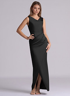 Azazie Kali At-home Try On Dresses Black Sheath Pleated Stretch Satin Dress image1