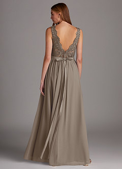 Azazie Elly Bridesmaid Dresses Taupe A-Line Lace Scoop Neck Chiffon Dress image2