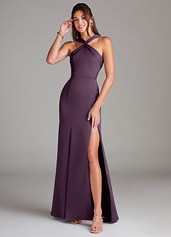 Azazie Rue Bridesmaid Dresses Plum A-Line Pleated Stretch Satin Dress image1