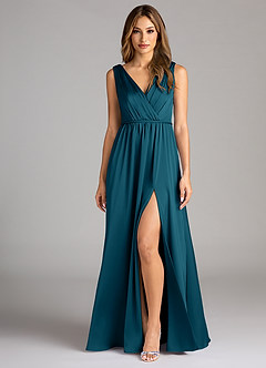 Azazie Tanicia Bridesmaid Dresses Ink Blue A-Line Pleated Stretch Satin Dress image1