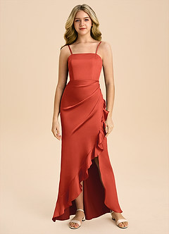 Azazie Buzzy Junior Rust Sheath Pleated Stretch Satin Dress image3