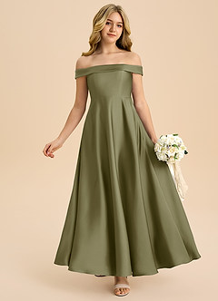 Azazie Sissy Junior Abito A-Line in Raso Elasticizzato a Spalla Scoperta Pistacchio image1