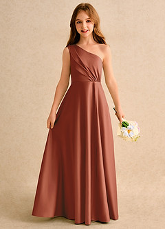 Azazie Puddles Girls Formal Flower Girl Dresses Auburn A-Line One Shoulder Matte Satin Dress image1