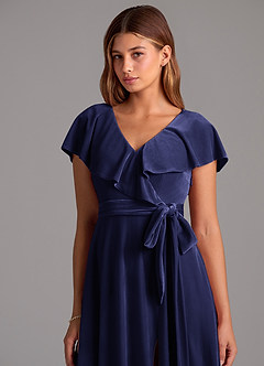 Azazie Lainey Bridesmaid Dresses Dark Navy A-Line Ruched Velvet Dress image2