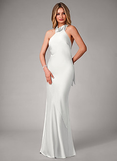 Azazie Velli Abiti da Damigella Abito Sirena in Raso Elasticizzato Collo Alto Bianco image3