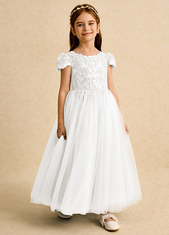 Azazie Puff Flower Girl Dresses Ivory Ball-Gown Lace Tulle Dress image6