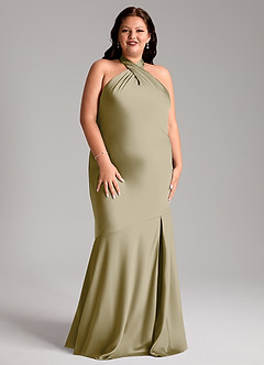 Azazie Lorena Bridesmaid Dresses Moss Green Mermaid Pleated Stretch Satin Dress image9
