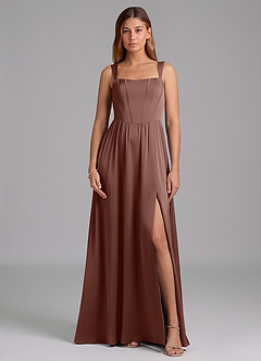 Azazie Rosaline 신부 들러리 드레스 A라인 사이드 슬릿 스트레치 새틴 바닥 길이 드레스 image3