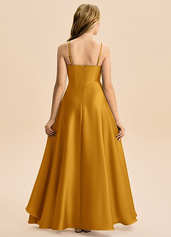Azazie Eirlys Junior Robe Trapèze en Satin extensible Plissée Caramel écossais image2