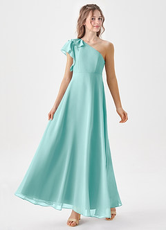 Azazie Arabella Junior Abito A-Line in Chiffon Increspato Acqua image4