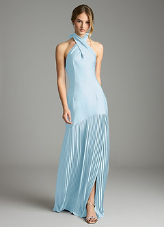 Azazie Nayeli Final Sale Sky Blue A-Line Pleated Stretch Satin Dress image1