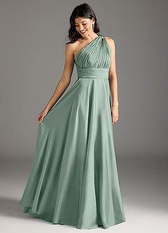 Azazie Charlize Robes de demoiselle d'honneur Robe Trapèze en Satin extensible Asymétrique Agave image3