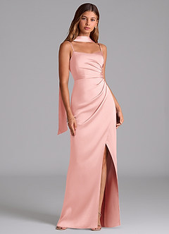 Azazie Calandra Bridesmaid Dresses Powder Pink A-Line Pleated Stretch Satin Dress image2