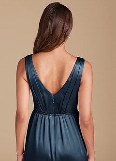 Azazie Tanicia Brautjungfernkleider A-Linie Plissee Metallischer Satin Kleid Dunkelmarine image5