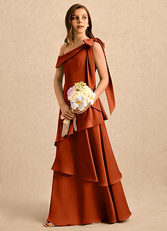 Azazie Shyloh Girls Formal Flower Girl Dresses Paprika A-Line Off the Shoulder Stretch Satin Dress image3
