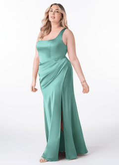 Azazie Mero Bridesmaid Dresses Aqua Sheath Pleated Stretch Satin Dress image7