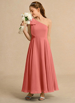 Azazie Guppy Girls Formal Blumenmädchenkleider A-Linie One-Shoulder Chiffon Kleid Lachsrosa image5