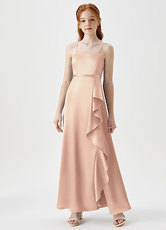 Azazie Kaylee Junior English Rose A-Line with Belt Metallic Satin Dress image1