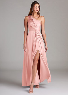 Azazie Brooke Bridesmaid Dresses Powder Pink A-Line One Shoulder Stretch Satin Dress image4