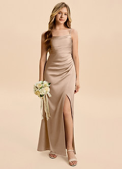 Azazie Minnie Junior Taupe Sheath Ruched Stretch Satin Dress image1