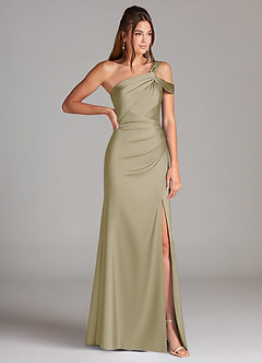 Azazie Wynter Bridesmaid Dresses Moss Green Sheath Off the Shoulder Stretch Satin Dress image4