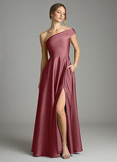 Azazie Melanie 신부 들러리 드레스 A라인 오프 더 숄더 스트레치 새틴 바닥 길이 드레스 image1