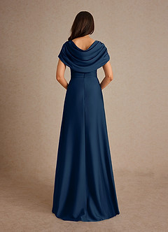 Azazie Branford Mother of the Bride Dresses Dark Navy A-Line Pleated Stretch Satin Dress image3