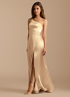 Azazie Trina Brautjungfernkleider A-Linie One-Shoulder Metallischer Satin Kleid Gold image1