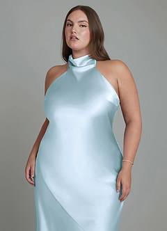 Azazie Velli At-home Try On Dresses Sky Blue Sheath High Neck Metallic Satin Dress image9