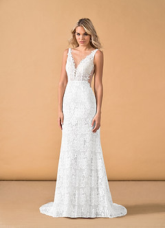 Azazie Gracen Wedding Dresses Diamond White Mermaid V-Neck Lace Tulle Dress image1