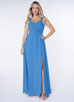 Azazie Nahrin Bridesmaid Dresses Blue Jay A-Line V-Neck Pleated Chiffon Dress image1