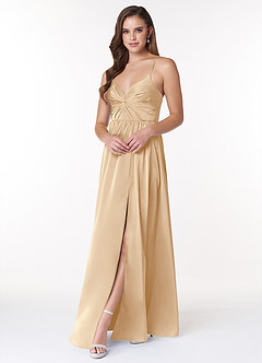 Azazie Raya Bridesmaid Dresses Champagne A-Line V-Neck Pleated Stretch Satin Dress image3