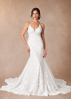Azazie Selene Wedding Dresses Diamond White Mermaid V-Neck Lace Dress image1