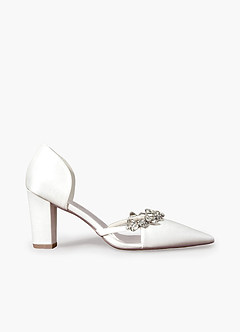 front Satijnen pumps met puntige neus en kristallen band