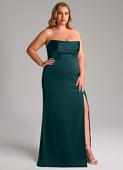 Azazie Saige Bridesmaid Dresses Pine Sheath Off the Shoulder Stretch Satin Dress image17
