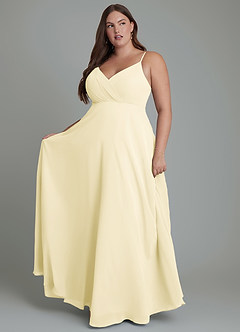 Azazie Amani Robes de demoiselle d'honneur Robe Trapèze en Mousseline de soie Plissé Sorbet Citron image7