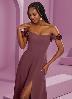 Barbie ♥ Azazie Suknie dla druhen Rozkloszowana szyfonowa sukienka z odkrytymi ramionami i kwiatowymi rozetkami image4