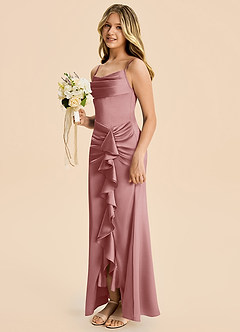 Azazie Rosalia Junior Dusty Rose Sheath Pleated Stretch Satin Dress image3