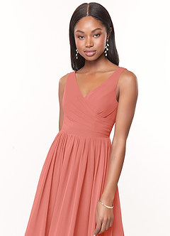 Azazie Keyla Bridesmaid Dresses Salmon Pink A-Line V-Neck Pleated Chiffon Dress image5