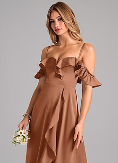 Azazie Lyra Bridesmaid Dresses Bronzer A-Line Off the Shoulder Stretch Satin Convertible Dress image7