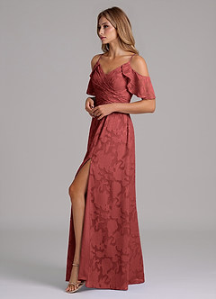 Azazie Dakota Bridesmaid Dresses Terracotta A-Line Off the Shoulder Floral Burnout Dress image6
