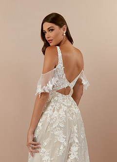 Azazie Ada At-home Try On Dresses Diamond White Nude A-Line V-Neck lace Tulle Dress image6