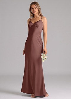 Azazie Suttona Bridesmaid Dresses Espresso A-Line Pleated Stretch Satin Dress image4